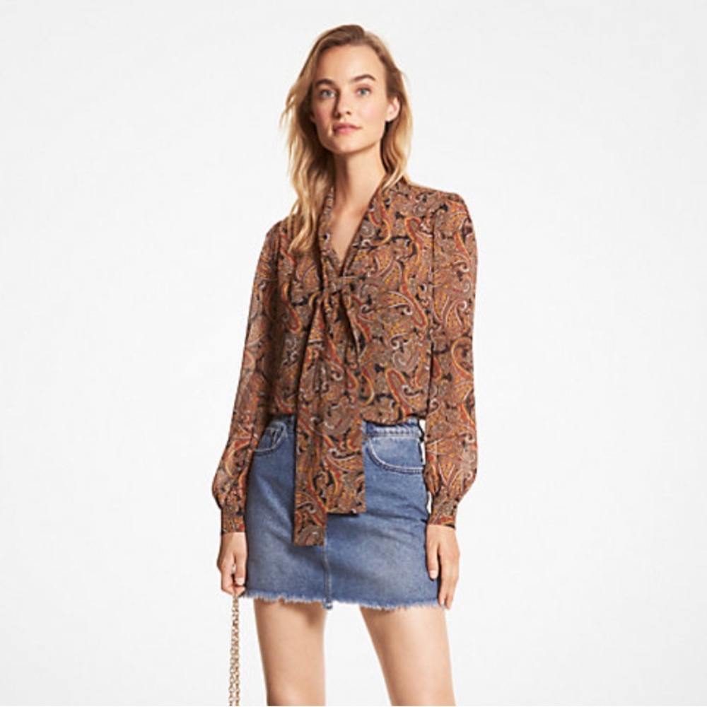 Michael Kors Georgette Front Tie Paisly Blouse